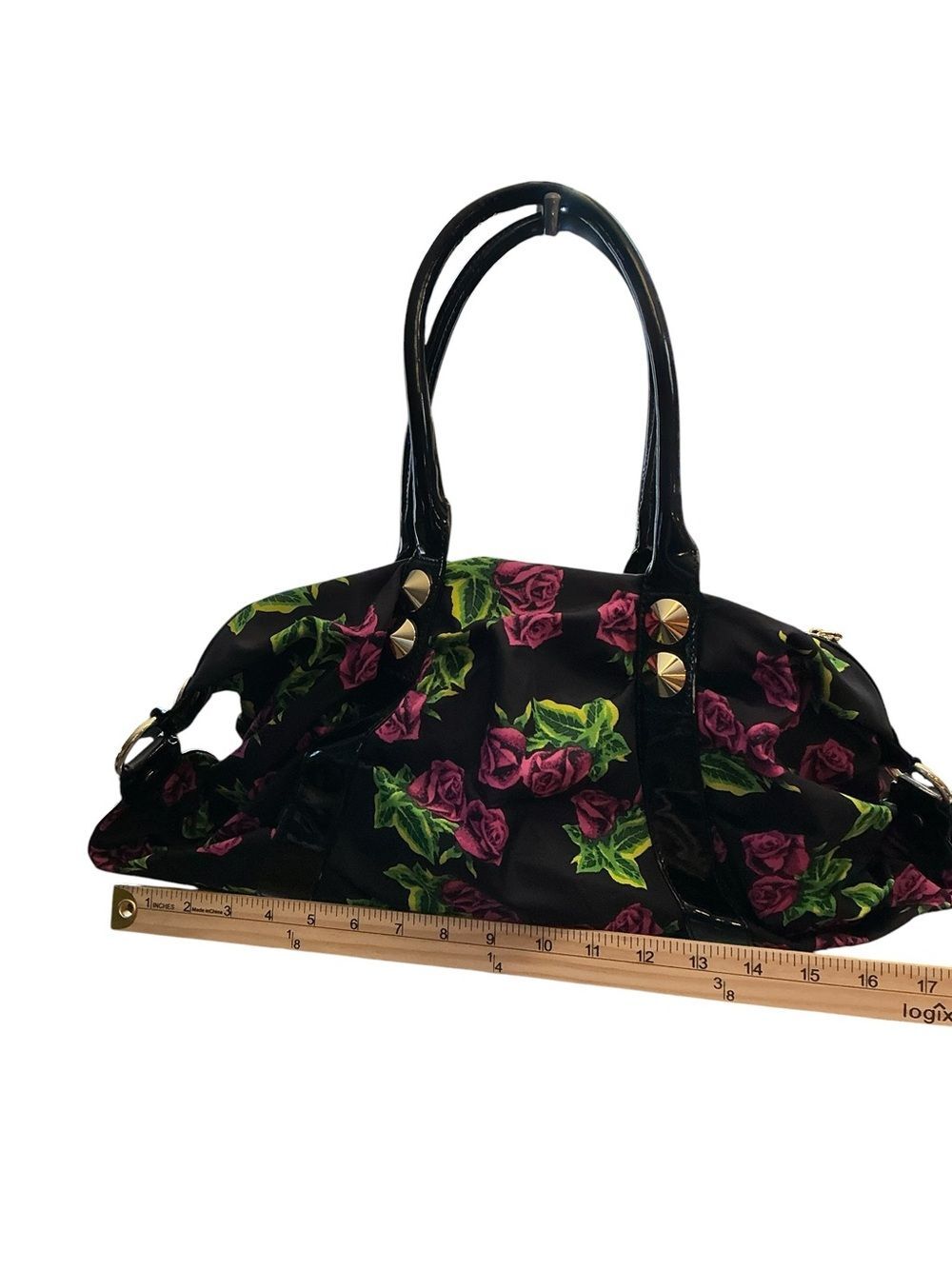 Betsey Johnson Black Floral Shoulder Bag with Pink Roses Betseyville - Picture 4 of 14